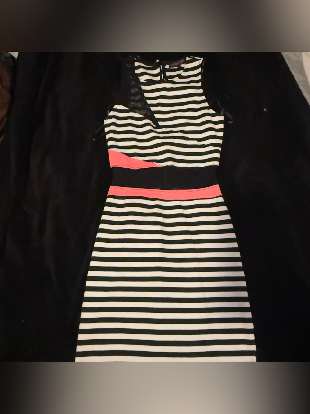 Striped Black and White Sleeveless Dress with pink  Accents